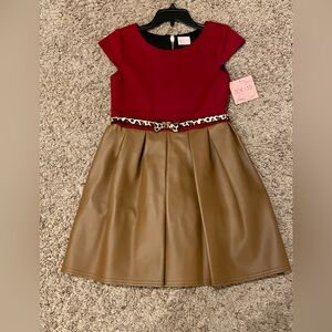 Zoe Ltd Elegant Red and Tan Vegan Leather Belted Kids Dress w/Belt 10